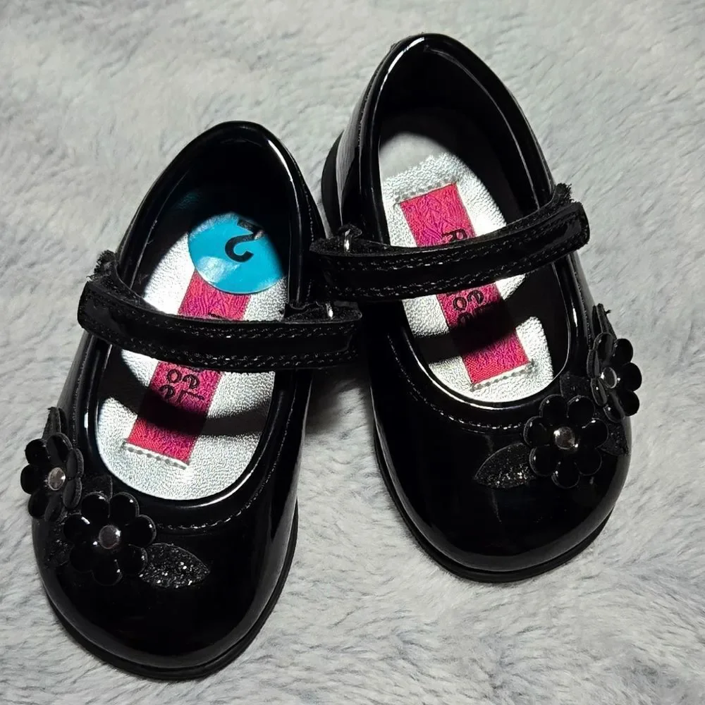 Rachel Shoes Baby Girl Black Patent Mary Jane Dress Shoes Glitter Flower Size 2